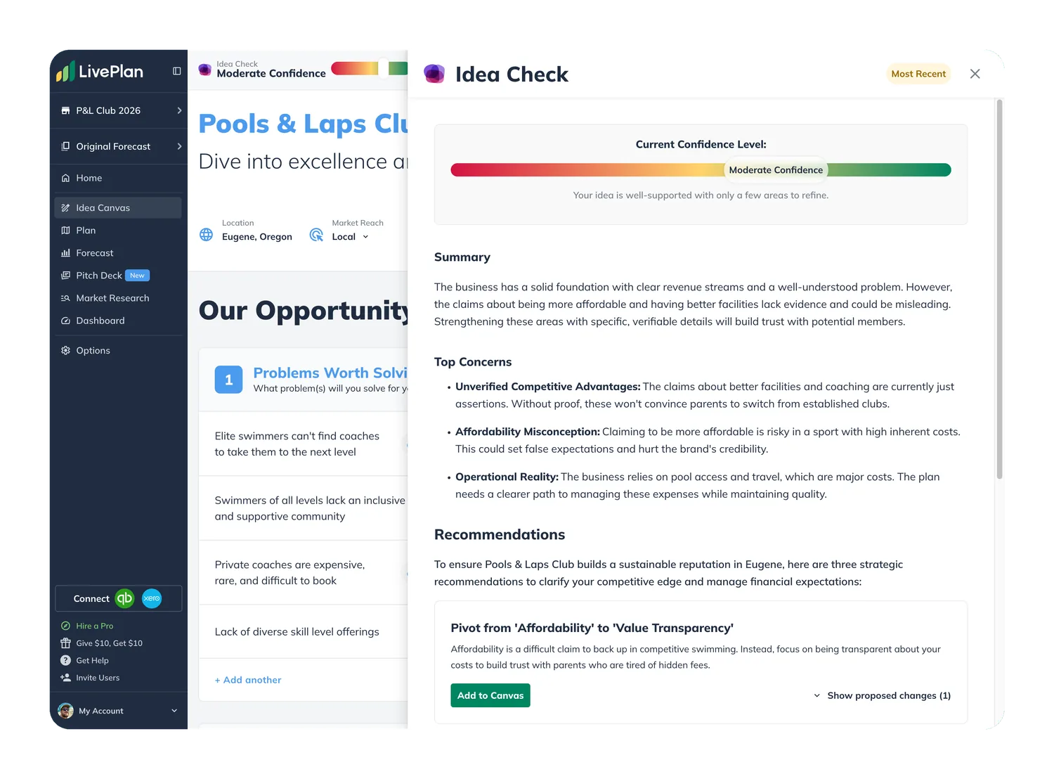 LivePlan Idea Check scoring a business idea: a confidence gauge, summary verdict, top concerns, and recommendations